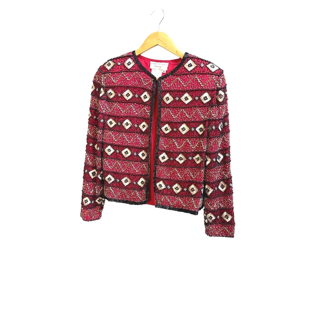 Papell Boutique Evening Silk Jacket Red Sequin S Vintage Art Deco Gatsby 90s